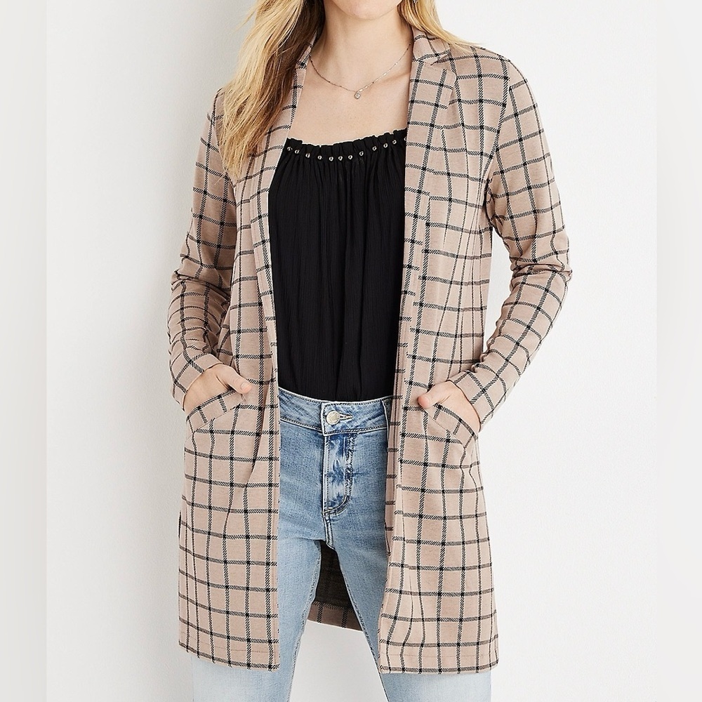Maurices Plaid Duster Blazer Tan & Black Open Front Collared Medium Women’s